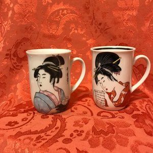 Geisha Girl White Porcelain Coffee Mugs set 2